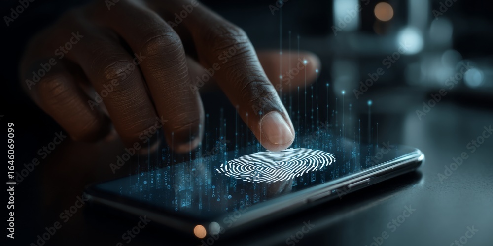 Poster close-up of a hand touching a smartphone screen displaying a digital fingerprint authentication tech