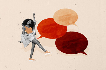 Poster image artwork pop collage of happy american hipster girl dance bubble communication speech chatterbox dialogue conversation