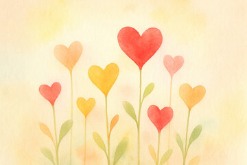Watercolor heart shaped flowers in soft pastel colors on a textured background floral
