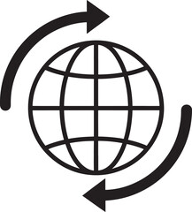 Black and white icon of a globe with circular arrows indicating rotation or exchange