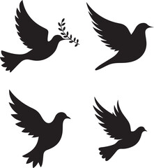 Vector silhouette set of various birds including dove eagle and pigeon in flight