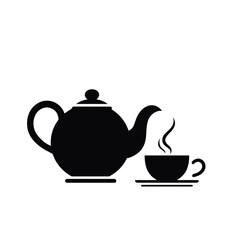 A traditional porcelain tea set with a hot beverage in a cup and a teapot on a white isolated background