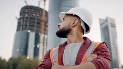 An engineer or architect at a construction site. He looks with pride at the buildings being built, bringing his ideas to life. Success and development in the construction business.
