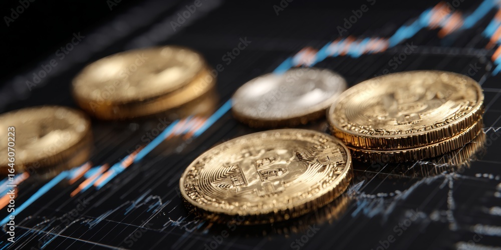 Poster close-up of golden bitcoin coins on stock market chart displaying price fluctuations with trends in 