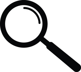 Solid black silhouette of a magnifying glass angled diagonally, white background, flat 2D vector 