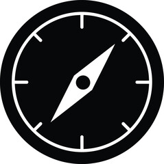 Solid black silhouette of a round compass with needle, flat 2D vector, minimal, white background 
