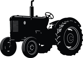 Solid black silhouette of a vintage tractor, white background, minimal flat vector, isolated shape 