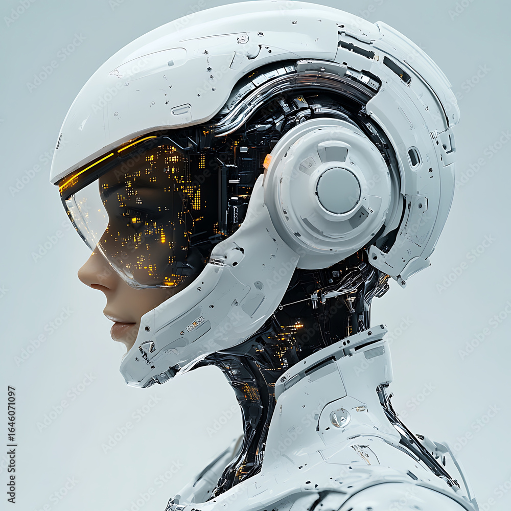 Poster futuristic robotic head with sleek design, featuring intricate circuitry and transparent visor. adva