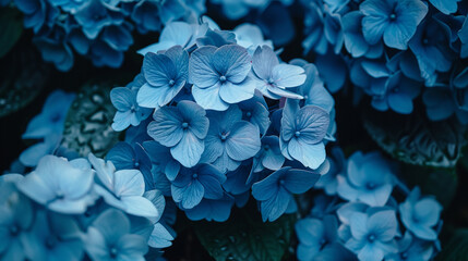 A close-up of a blue hydrangea cluster