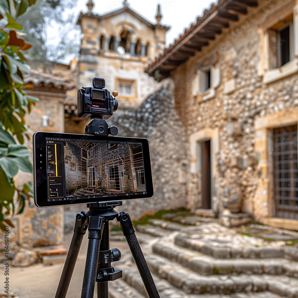 Poster modern camera setup on tripod captures historic stone building with intricate architecture. scene bl