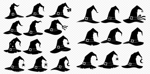 A collection of various black witch hat silhouettes with different designs for Halloween.