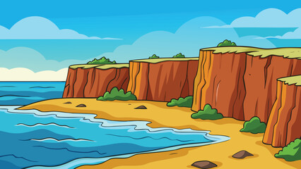 Coastal cliffs meeting blue ocean waters cartoon vector