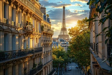 Parisian street view eiffel tower sunset