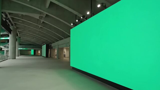 Futuristic exhibition hall featuring a massive green chroma key LED screen for mockup and digital content