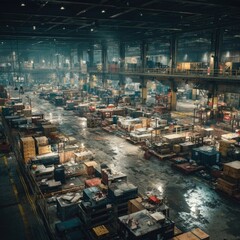 Industrial factory interior, high angle view.  A vast, dimly lit warehouse, filled with metal parts, crates, and equipment on various levels