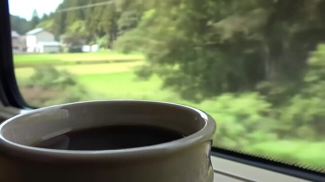 A cozy moment enjoying coffee while traveling through scenic green landscapes from a train window.