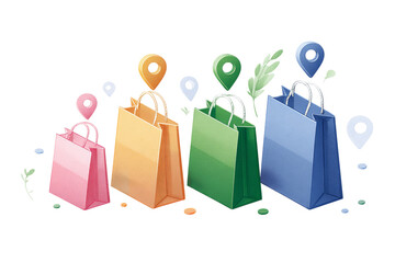 A simple, flat vector illustration depicting an array of shopping bags against a white isolated on a transparent background in PNG format.