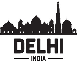 Fototapeta premium Delhi India skyline silhouette cityscape vector illustration black on white