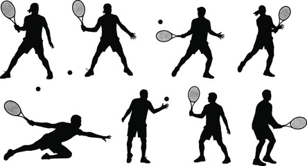 Tennis player silhouette vector illustration, black graphic sports action, male and female athletes playing tennis, flat design isolated artwork.
