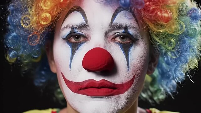 A close-up portrait of a clown with white face paint, a red nose, and a colorful wig, looking directly at the camera with expressive eyes.