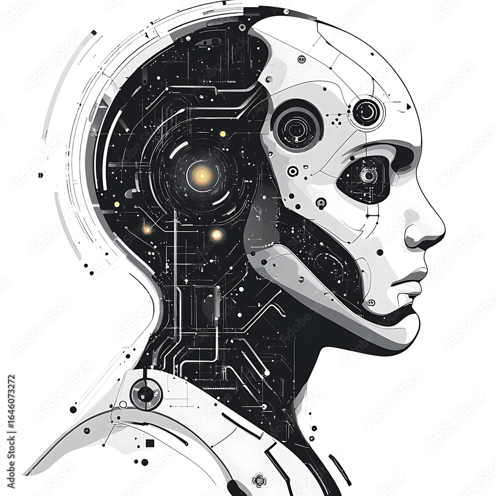 Poster futuristic robot head design showcases intricate circuitry and glowing elements, symbolizing advance