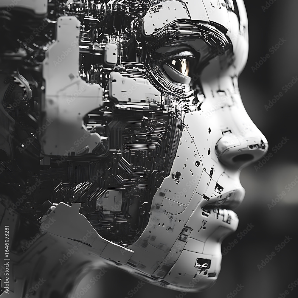 Poster futuristic robotic face with intricate circuitry and metallic features, showcasing advanced technolo