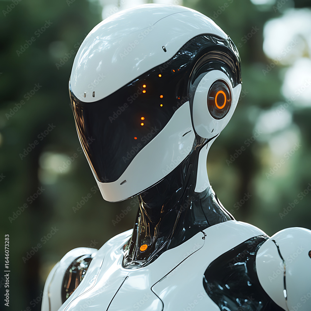 Poster futuristic robot with sleek design and glowing elements stands natural setting, showcasing advanced 