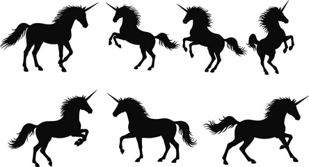 Unicorn silhouette vector collection, black magical horse illustrations, fantasy mythical creatures, galloping unicorns, mystical design elements, fairy tale art