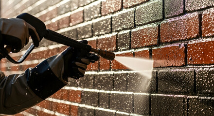 Cleaning a brick wall with high pressure water