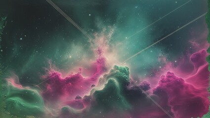 Colorful Nebula Cloudscape with Stars and Electricity Cables - Dreamy Celestial Landscape