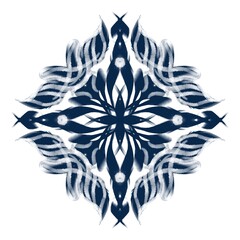 A symmetrical indigo mandala with geometric floral patterns arranged in a circular formation. The design features interlocking shapes and soft brushstroke textures, creating a sense of harmony, balanc