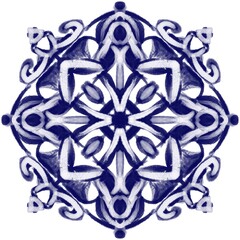a symmetrical indigo mandala with an intricate floral and geometric pattern