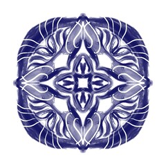 a symmetrical indigo mandala with an intricate floral and geometric pattern