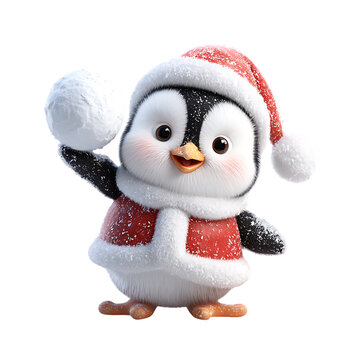 Cute cartoon penguin wearing a santa hat and scarf holding a snowball isolated on transparent background