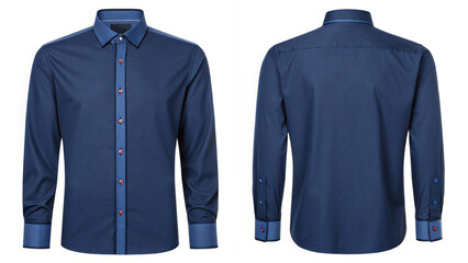Front and back view of a dark blue men's dress shirt