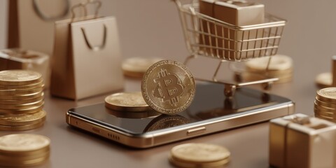 Digital currency concept with mobile phone, shopping cart, golden coins, and parcels, representing modern transactions in e-commerce and cryptocurrency market