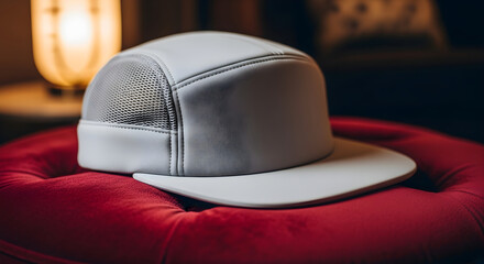 Modern blank white cap on a red cushion