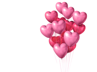 Cluster of pink heart shaped balloons floating against a black background silhouette PNG