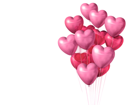 Cluster of pink heart shaped balloons floating against a black background silhouette PNG - Powered by Adobe