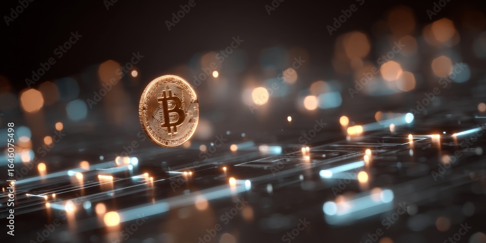 Poster glowing bitcoin currency floating above digital circuit board with bright lights and technology elem