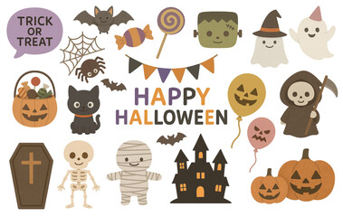 くすみカラーがかわいいハロウィンイラストセット/Cute Halloween Illustration Set (Garland, Ghost, Black Cat, Pumpkin, Candy, Bat, Frankenstein, Balloons)