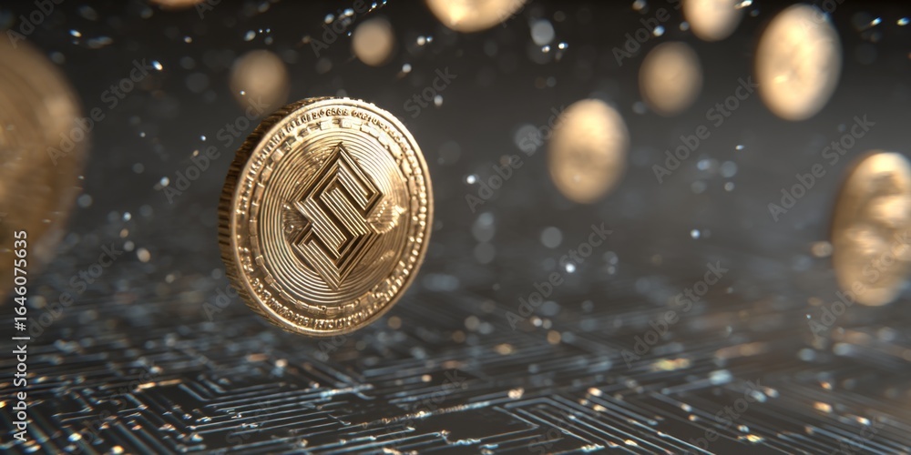 Poster floating gold coins representing digital currency and cryptocurrency over abstract background with l