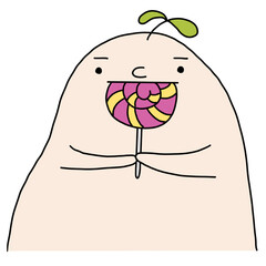 baby white radish with a big smile and candy