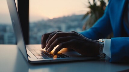 Person typing on laptop, scenic office, sunset backdrop, working on project, for productivity