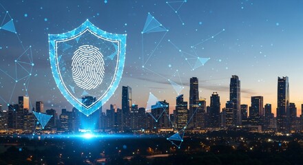 Cybersecurity shield with fingerprint over a vibrant cityscape secures your digital world with cutting-edge technology and peace of mind