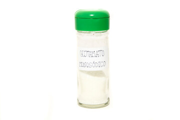spice jar over white background. MSG powder