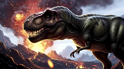 Tyrannosaurus Rex in Volcanic Landscape Dinosaur in Destruction - Powered by Adobe