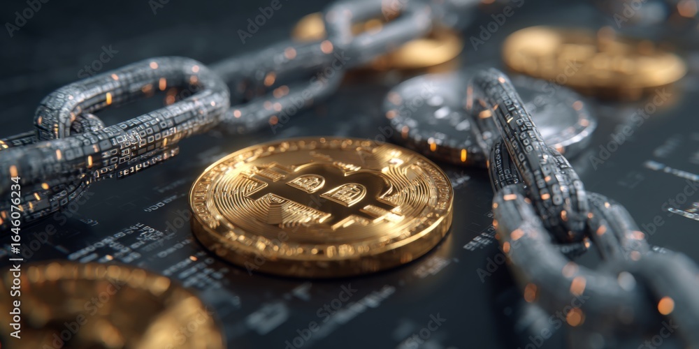 Poster a glimmering bitcoin coin resting on blockchain chains symbolizing digital currency and future of fi