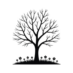 Obraz premium Bare tree silhouette with flowers, elegant nature design vector clipart, isolated on white background.