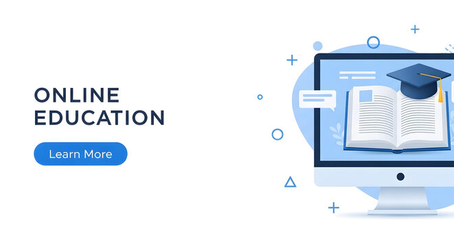 “online education platform: digital classroom with laptop and learning icons”